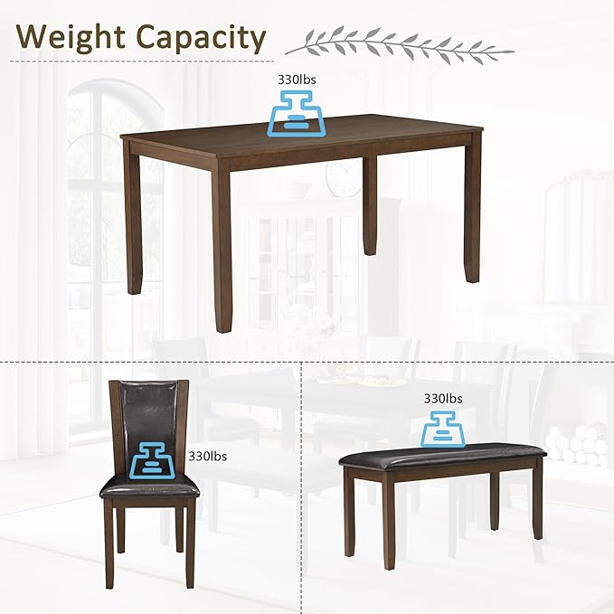 6-Piece Dining Table Set with Bench, Modern Wood Dining Table Set for 6, Kitchen and Dining Room Table and Chairs Set, Grey & White Two-Tone