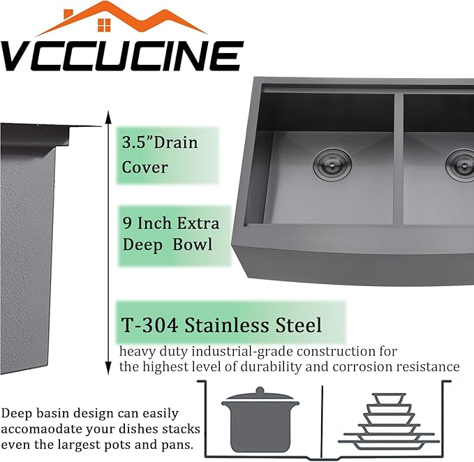 VCCUCINE 33 Inch Gunmetal Black Double Farmhouse Sink, 33X22 Double Bowl Farmhouse Kitchen Sink, 16 Gauge 50/50 Stainless Steel Apron Front Farm Sink, Drop In Workstation Farmer Sink With Accessories