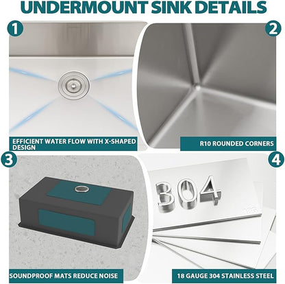 Undermount Kitchen Sink 30x18x9 Inch Deep Single Bowl 18 Gauge Stainless Steel Under Counter Sinks Basin With Drain Strainer