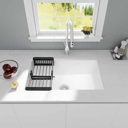 White Kitchen Sink, White Granite Composite Kitchen Sinks with Accessories, 30 Inch Undermount Quartz Stone Kitchen Sink, 30" x 19" x 9" Large and Deep Single Bowl Kitchen Sinks