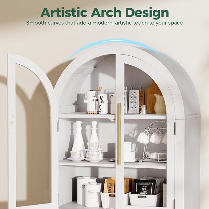 63" Arched Storage Cabinet, 5-Tier Modern Arched Cabinet with Glass Doors, Tall Arched Cabinet Adjustable for Living Room, Dining Room Office, White