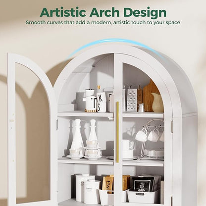 63" Arched Storage Cabinet, 5-Tier Modern Arched Cabinet with Glass Doors, Tall Arched Cabinet Adjustable for Living Room, Dining Room Office, White
