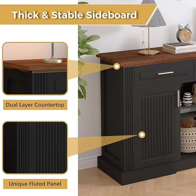 63" Large Buffet Sideboard with Storage, 32" Tall Kitchen Buffet Storage Cabinet with 3 Drawers, Modern Coffee Bar Cabinet with Handles, Long Sideboard Buffet Table for Kichen, Living Room (Black-01)