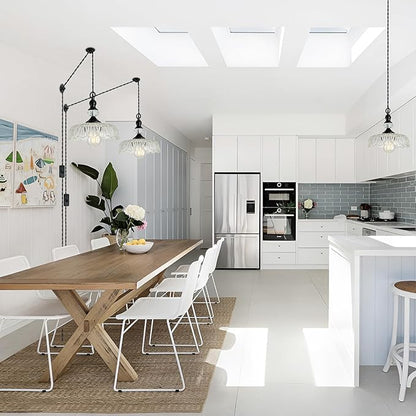 CVKASH Plug in Glass Pendant Light Fixture Black Vintage Adjustable Chandelier Hanging Ceiling Light for Farmhouse Hallway Bedroom Foyer Kitcken Dining Room Island.