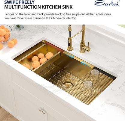 Sarlai 36 Gold Undermount Kitchen Sink Workstation - 36x19 Inch Kitchen Sinks with Ledge NANO-Tech Gold Sink Round Corner 16 Gauge Stainless Steel Single Bowl Sink Basin