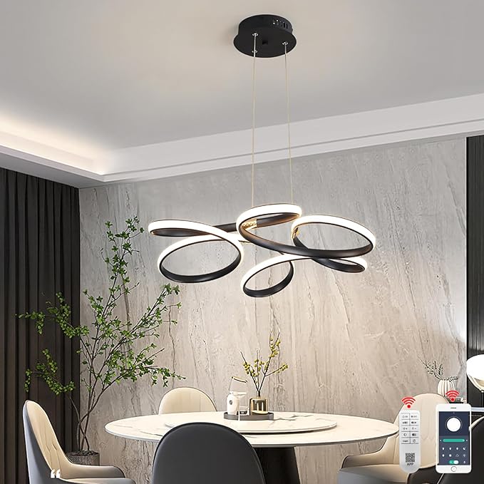 23 inch Modern Chandelier for Dining Room, Kitchen Chandelier & Entryway, Dimmable LED Pendant Light with Adjustable Height, 32W for Hallway, Living Room, Bedroom (Black M)