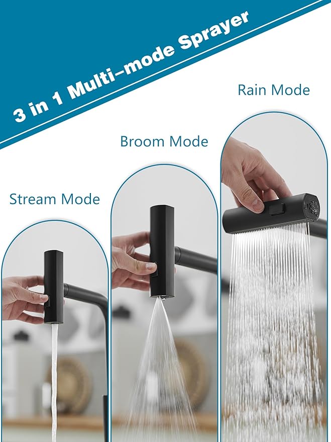 Black Kitchen Faucets with Pull Down Sprayer,Waterfall Kitchen Sink Faucet with Soap Dispenser,Utility Stainless Steel Kitchen Faucet,Single Handle Kitchen Faucet with Pull Down Sprayer for 3 Function