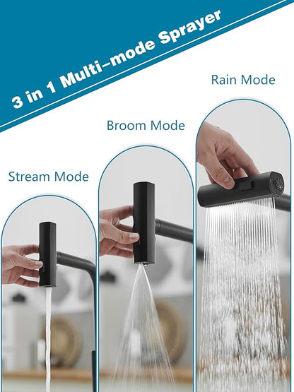 Black Kitchen Faucets with Pull Down Sprayer,Waterfall Kitchen Sink Faucet with Soap Dispenser,Utility Stainless Steel Kitchen Faucet,Single Handle Kitchen Faucet with Pull Down Sprayer for 3 Function