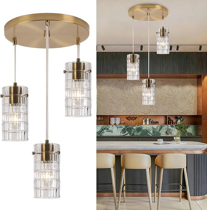 Modern Glass Pendant Light, Copper Finish 3-Light Chandelier for Kitchen Island/Dining, Height Adjustable, E26 Sockets, Bulbs Not Included