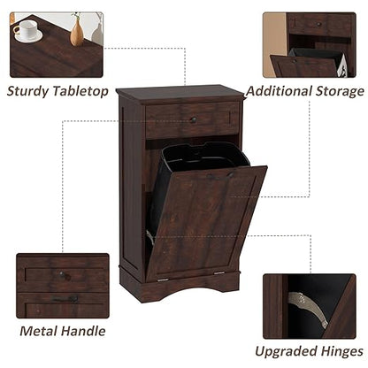 13 Gallons Tilt Out Trash Cabinet Freestanding Kitchen Trash Bin Cabinet Wood Garbage Recycling Cabinet with Hideaway Drawer Pet Proof Trash Can Holder for Kitchen Living Room, Brown
