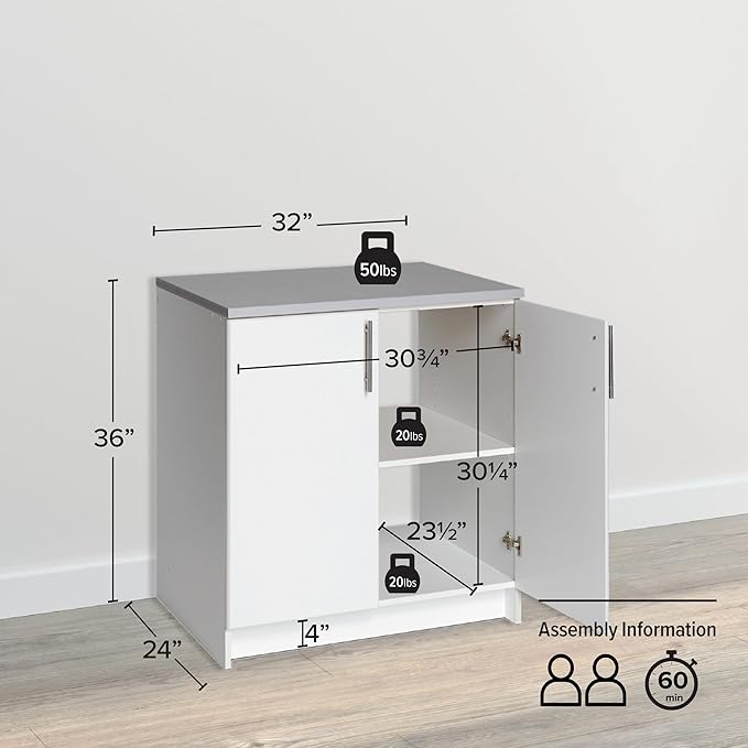 Prepac Elite 32” Wall Mount White Storage Cabinet with 1 Adjustable Shelf, Base Unit Ideal for Bathroom Cabinet, Kitchen, Garage, Home Office and More, 32”W x 36”H x 24”D