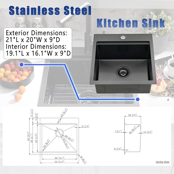 21x20 Drop In Black Bar Sink and Faucet Combo - 21 Inch Black Stainless Steel Drop In Kitchen Sink Workstation, 9 Inch Deep Wet Bar Sink Single Bowl with Accessories