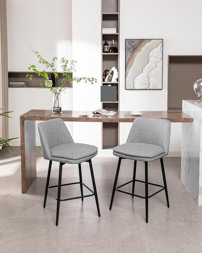 Counter Height Swivel Bar Stools Set of 2, 360° Swivel Upholstered Barstools with Back and Metal Legs, 25.6" Seat Height,Counter Stools for Kitchen Island and Pub,Linen Cloth