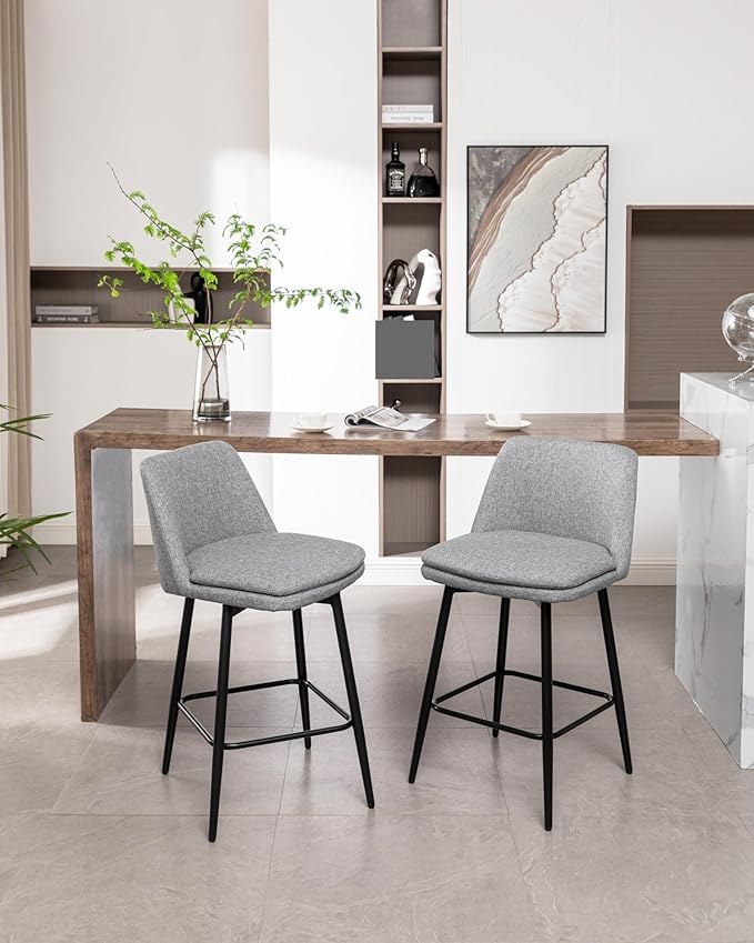 Counter Height Swivel Bar Stools Set of 2, 360° Swivel Upholstered Barstools with Back and Metal Legs, 25.6" Seat Height,Counter Stools for Kitchen Island and Pub,Linen Cloth