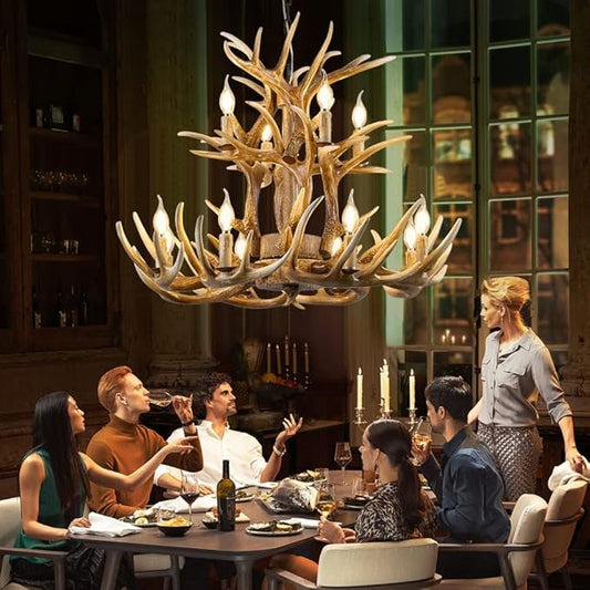 Farmhouse Antler Chandelier 12-Light,Vintage Antler Chandeliers Lighting, Retro Antler Ceiling Pendant Light Fixture 2-Tier for Home Store Coffee Bar (12 Lamps arms + 3arms)…