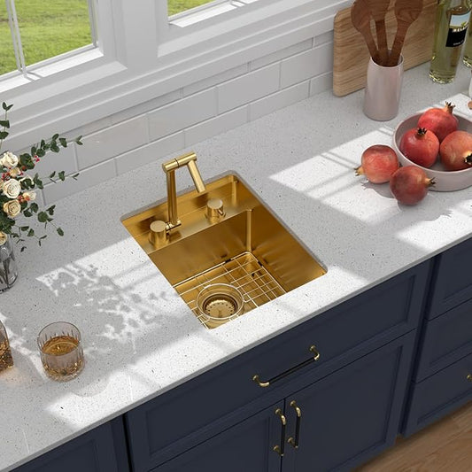 15 Inch Outdoor Undermount Bar Sink With Faucet and Cover - Beslend 15x18x9 Undermount Kitchen Sink Workstation 16 Gauge Stainless Steel Single Bowl Sinks Under Counter Indoor Outdoor Gold