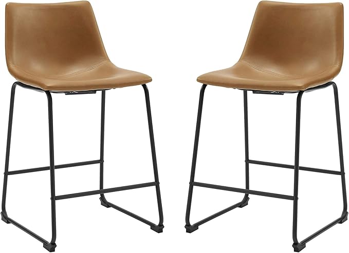 Walker Edison Douglas Urban Industrial Faux Leather Armless Counter Chairs, Set of 2, Whiskey Brown