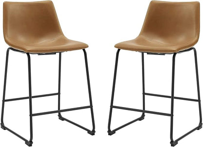 Walker Edison Douglas Urban Industrial Faux Leather Armless Counter Chairs, Set of 2, Whiskey Brown