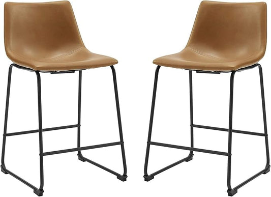 Walker Edison Douglas Urban Industrial Faux Leather Armless Counter Chairs, Set of 2, Whiskey Brown