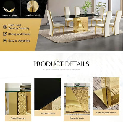 Modern Rectangular Glass Dining Table for 6-8,Elegant Dining Room Tables with Gold Mirrored Stainless Steel Base,70'' Kitchen Table with Black Glass top,for Kitchen Room/Office(Only Table)