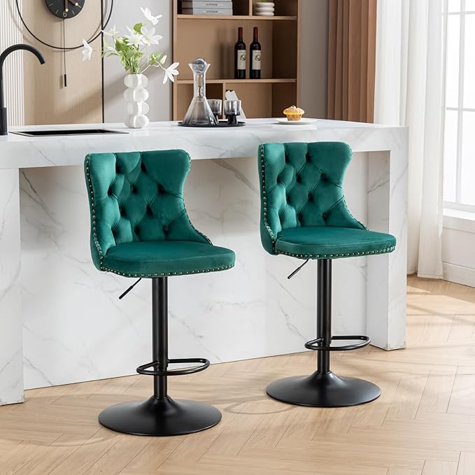 KEIKI Swivel Velvet Barstools，Upholstered Chairs Set of 2, Adjusatble Seat Height from 25-33 Inch for Home Pub, Kitchen Island, Green