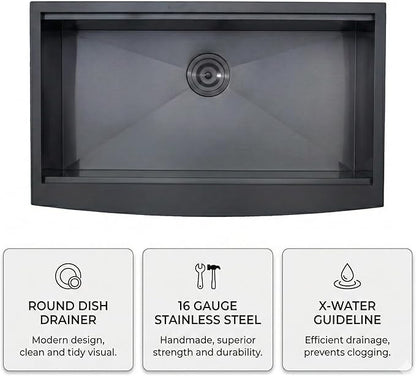 33 Black Farmhouse Sink, Undermount 33x20x9 Apron Front Farm Ktichen Sink Stainless Steel Single Bowl 16 Gauge with Accessories