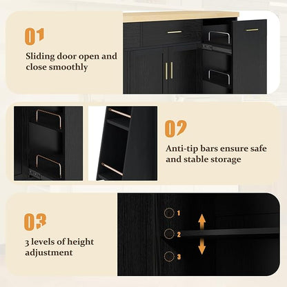 58 inch Large Kitchen Island with Trash Can Storage Cabinet, Multi-Functional Storage Sideboard with Sliding Door Cabinet & 3-Tier Spice Rack, Island Table for Kitchen, Dining Room (Black)