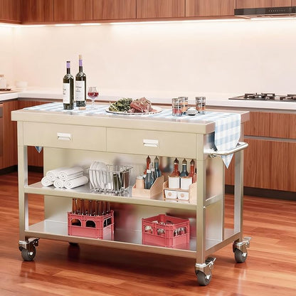 KINGBO 50" Stainless Steel Kitchen Island with Storage, Rolling Kitchen Island Table with 2 Drawers on Wheels, Portable Island Cart for Kitchen, Outdoor, Restaurant, Cafe