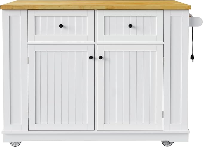 Ball & Cast Kitchen Island with 2 Bar Stools and Power Outlet,Rolling Kitchen Cart on 5 Wheels W/Drop Leaf&5 Open Side Racks,Kitchen Storage Cart W/Adjustable Shelf,for Kitchen,Dining Room,White,48"