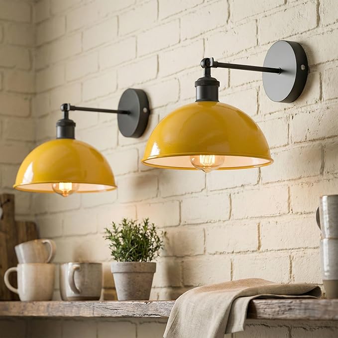 Dome Metal Wall Sconce, 180° Adjustable Industrial Wall Lamp for Bedside, Study, Kitchen, and Living Room Décor. (Yellow_)