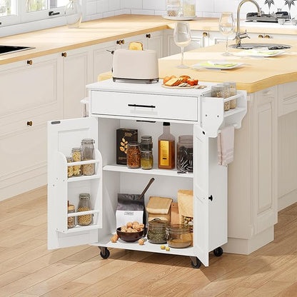 HOOBRO Kitchen Island with Power Outlet, Kitchen Storage Island with Large Worktop, Spice Rack and Drawer, Rolling Kitchen Island Cart on Wheels, for Kitchen and Dining Room, White WT88UZD01