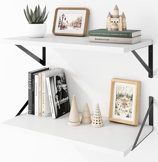 Acovy Deep Floating Shelves Wall Mounted, 24"x12" White Wall Shelves with Brackets Set of 2 for Bedroom, Living Room, Bathroom, Kitchen, Office - Storage & Display Shelf for Decor, Books, Plants