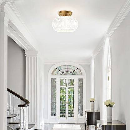Semi Flush Mount Ceiling Light, Milk Glass Shade Modern Ceiling Light Fixture, Vintage Gold Lighting for Hallway Bedroom Entryway Kitchen Porch