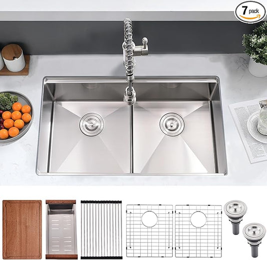 33 Inch Undermount Kitchen Sink Double Bowl - 16 Gauge Stainless Steel Undermount Double Bowl Workstation Kitchen Sink 50/50, 33x19 Inch