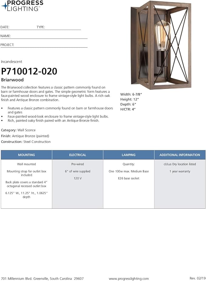 Progress Lighting P710012-020 Briarwood Antique Bronze One-Light Wall Sconce, Architectural