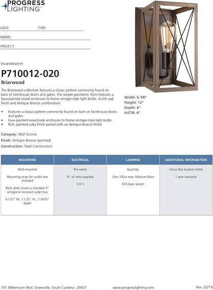 Progress Lighting P710012-020 Briarwood Antique Bronze One-Light Wall Sconce, Architectural