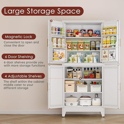PAOFIN 75" H Metal Storage Cabinet, Pantry with 6 Door Shelves and 4 Adjustable Shelves, Leveling Foot for Kitchen, Living Room and Dinning Room, White