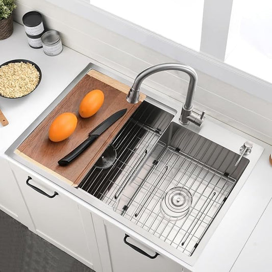 33 Inch Double Bowl Drop In Kitchen Sink Workstation - VOKIM 33 x 22 Inch Drop In Kitchen sink Stainless Steel 16 Gauge 10 Inch Deep Double Bowl Sink