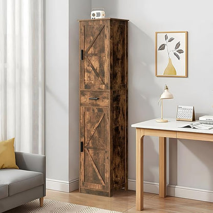 WEENFON Tall Bathroom Cabinet, Storage Cabinet with 6 Shelves & Drawer, Bathroom Storage Cabinet with Adjustable Shelves, Tall Cabinet for Living Room, Home Office, Brown