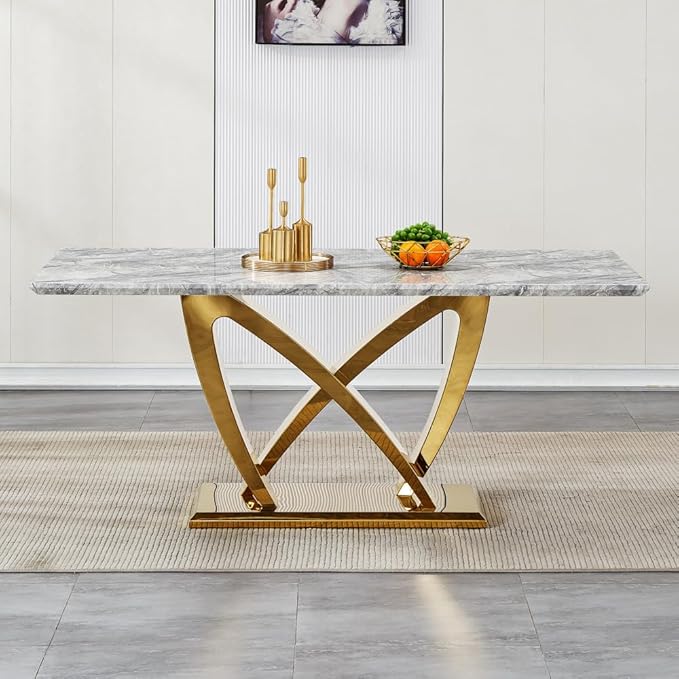 Modern Luxurious Rectangular Dining Table for 6-8, MDF Kitchen Table with Heavy-Duty Irregular Base, Faux Marble Heat-Resistant Furniture for Dining Room & Family Gatherings (Gold)