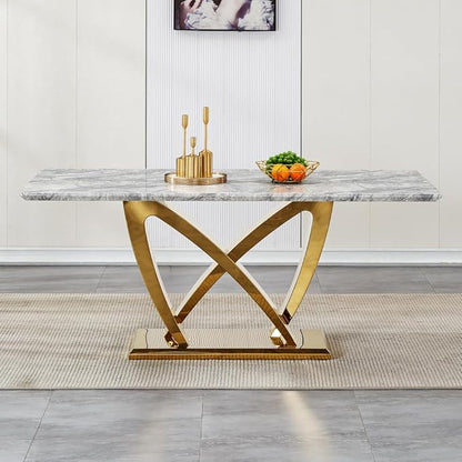 Modern Luxurious Rectangular Dining Table for 6-8, MDF Kitchen Table with Heavy-Duty Irregular Base, Faux Marble Heat-Resistant Furniture for Dining Room & Family Gatherings (Gold)