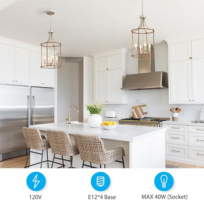 XINGQI Farmhouse Chandeliers for Dining Room,4 Light Nickel Wood Grain Finish Hanging Lantern Pendant Lighting Fixture for Staircase Foyer Kitchen Island Dinning Room Living Room