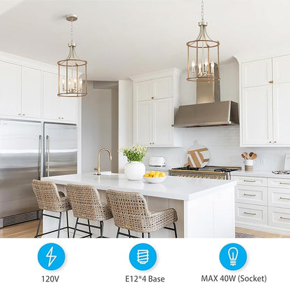 XINGQI Farmhouse Chandeliers for Dining Room,4 Light Nickel Wood Grain Finish Hanging Lantern Pendant Lighting Fixture for Staircase Foyer Kitchen Island Dinning Room Living Room