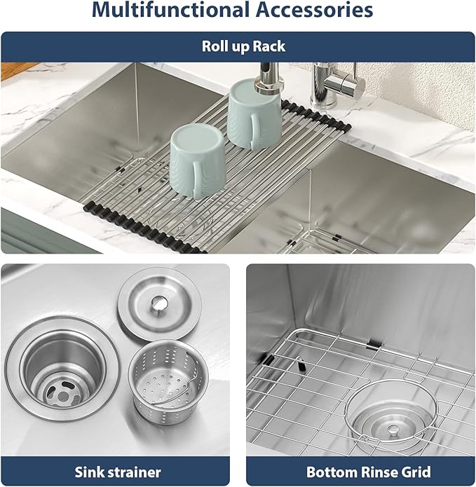 Lordear 32 Inch Undermount Double Bowl Kitchen Sink 16 Gauge Stainless Steel with Smart Low Divider 32x19 Inch Double Basin Kitchen Sinks 60/40 Handmade