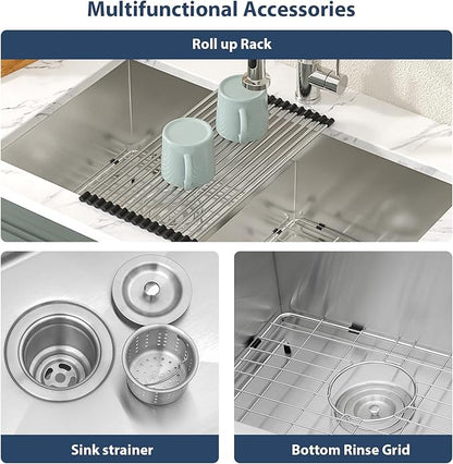 Lordear 32 Inch Undermount Double Bowl Kitchen Sink 16 Gauge Stainless Steel with Smart Low Divider 32x19 Inch Double Basin Kitchen Sinks 60/40 Handmade