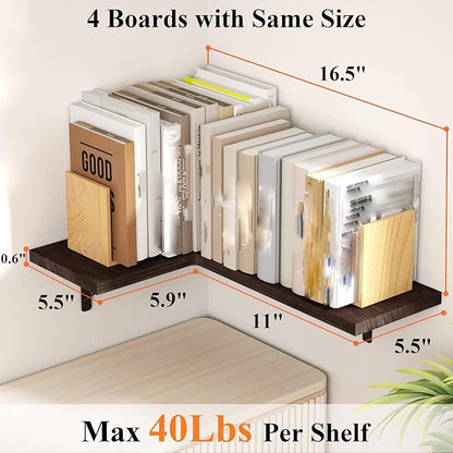 Love-KANKEI Corner Shelf Wall Mounted Set of 4, Floating Wall Shelves for Storage, Rustic Wood Hanging Shelves for Bathroom Kitchen Bedroom Living Room Display, Dark Brown