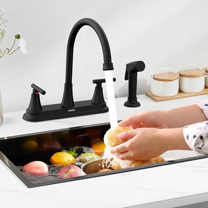 HURRAN 2-Handle Kitchen Faucet with Pull-Out Side Sprayer, 8 Inch High Arch Stainless Steel 360°Rotating Kitchen Sink Faucet, 4 Hole Faucet for Kitchen Bar Rv Camper, Black