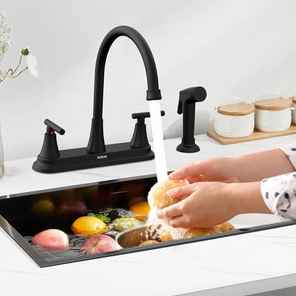 HURRAN 2-Handle Kitchen Faucet with Pull-Out Side Sprayer, 8 Inch High Arch Stainless Steel 360°Rotating Kitchen Sink Faucet, 4 Hole Faucet for Kitchen Bar Rv Camper, Black