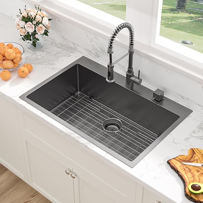 Sarlai 33 Black Kitchen Sink Drop In - 33x22 Inch Kitchen Sink Topmount Gunmetal Black 16 Gauge Stainless Steel Single Bowl Above Counter Rectangular Sinks Basin