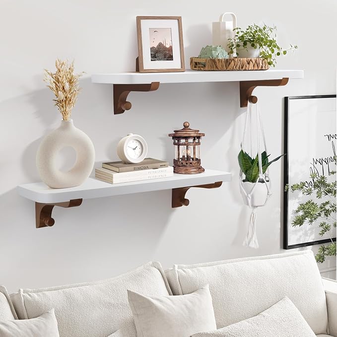 Wooden Floating Shelves for Wall, 22.6" W x 6" D x 0.8" H Large Wall Shelves, Hanging Storage Shelf with Hooks for Living Room, Kitchen, Bathroom, Bedroom Decor, Walnut, 2 Packs